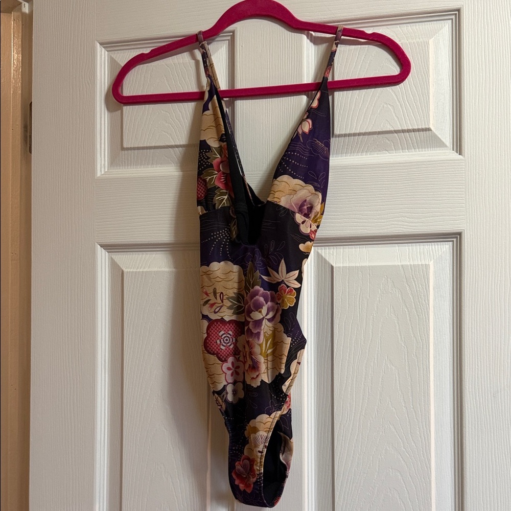 Floral Deep V One-Piece Swimsuit - Purple